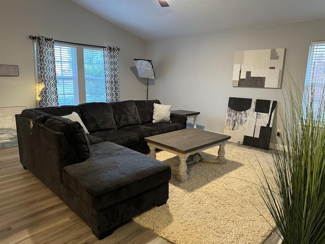 living room with ceiling fan, vaulted ceiling, plenty of natural light, and wood finished floors