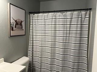 bathroom featuring vanity and a shower with shower curtain