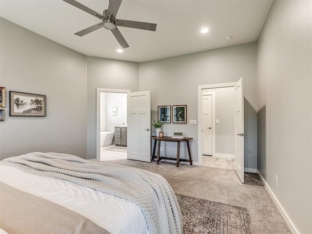 carpeted bedroom with baseboards, a ceiling fan, recessed lighting, and connected bathroom