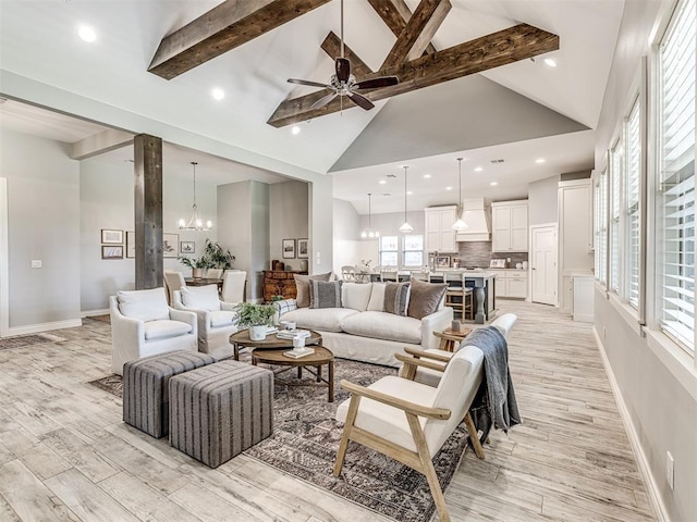 3209 Hunter Crest Dr, Edmond, OK 73034 - living area with beam ceiling, light wood-style floors, high vaulted ceiling, a ceiling fan, and healthy amount of natural light