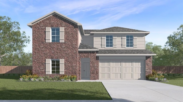 traditional-style home with brick siding, fence, driveway, and a garage