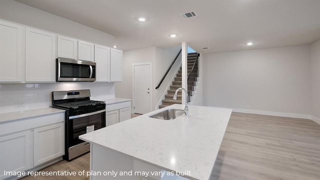 kitchen with backsplash, visible vents, appliances with stainless steel finishes, a sink, and white cabinets