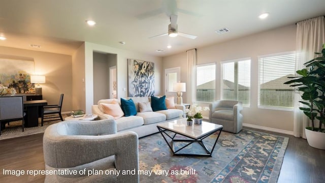 living room featuring a ceiling fan, visible vents, wood finished floors, baseboards, and recessed lighting