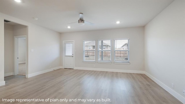 interior space featuring light wood-style floors, plenty of natural light, recessed lighting, and ceiling fan
