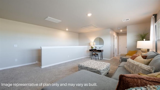 carpeted living area featuring recessed lighting, baseboards, visible vents, and attic access