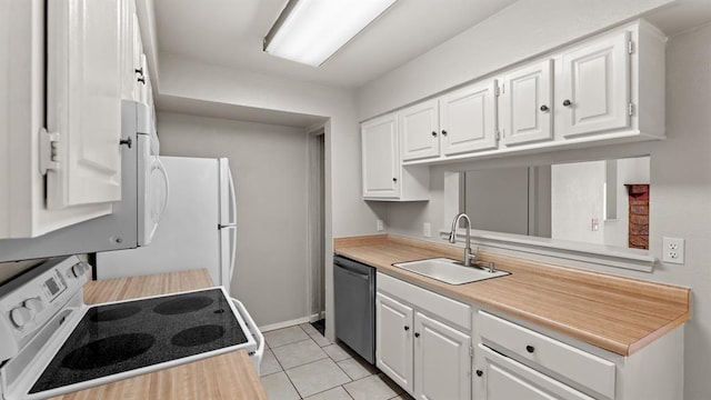 kitchen featuring white cabinets, white range with electric stovetop, a sink, and dishwasher