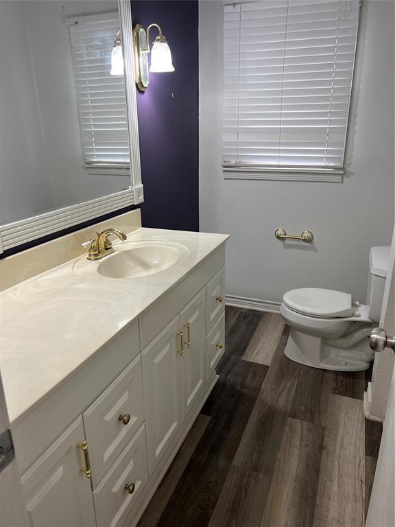 bathroom featuring toilet, wood finished floors, and vanity