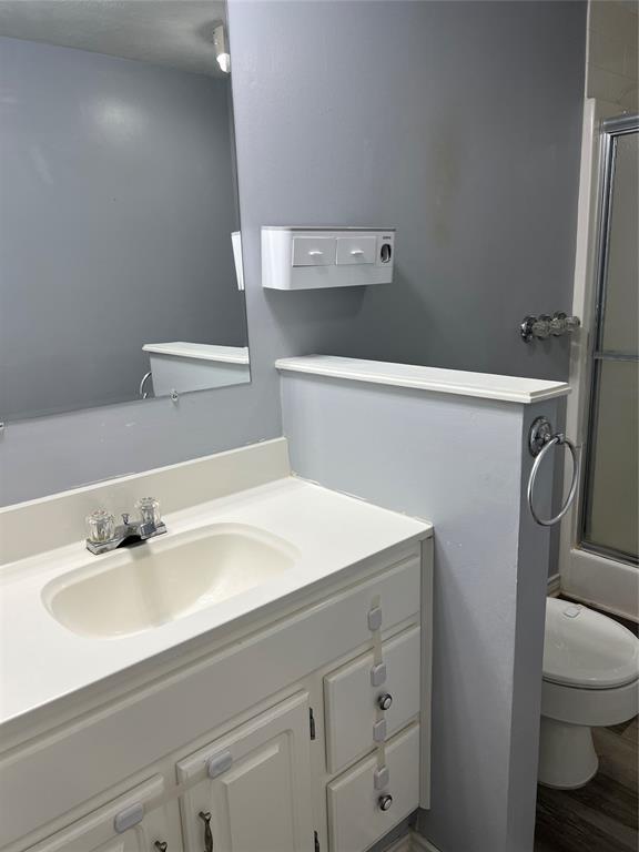 bathroom with vanity, a shower with shower door, and toilet