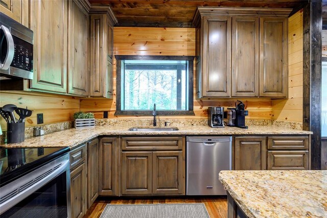 kitchen with a sink, appliances with stainless steel finishes, wood finished floors, and a healthy amount of sunlight