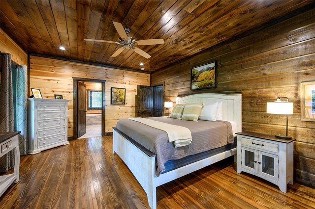 bedroom featuring wooden walls, dark wood-style floors, and wood ceiling
