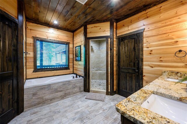 bathroom with double vanity, wood walls, a shower stall, wood ceiling, and a bath