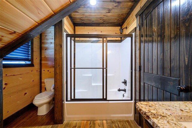 full bath with toilet, enclosed tub / shower combo, wood finished floors, and wood ceiling