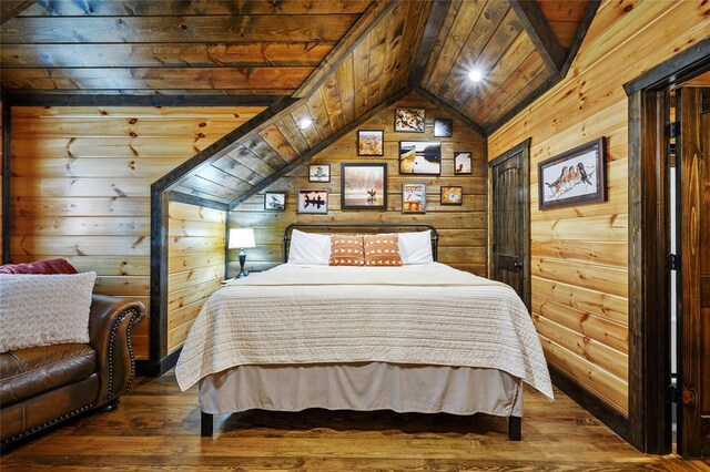 bedroom with wooden walls, lofted ceiling, wooden ceiling, and wood-type flooring