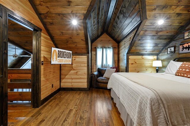 bedroom with wood-type flooring, wood walls, wooden ceiling, and lofted ceiling
