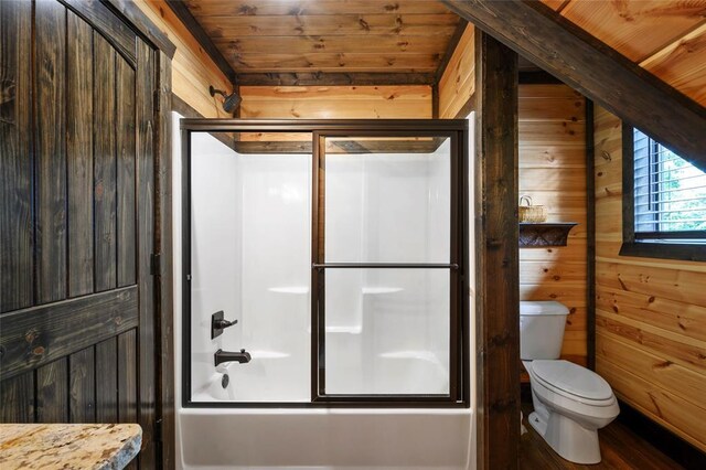 full bathroom featuring wooden ceiling, bath / shower combo with glass door, toilet, and wood walls