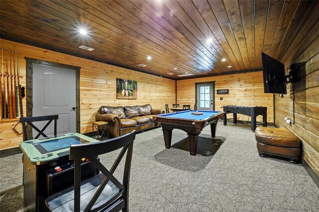 rec room featuring wood walls, carpet, recessed lighting, billiards, and wood ceiling