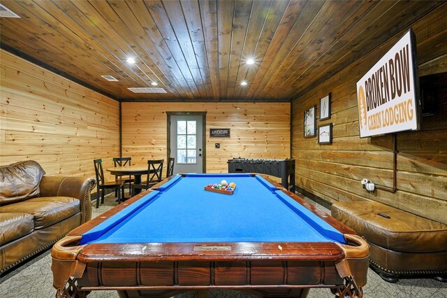 recreation room featuring visible vents, wood walls, recessed lighting, wood ceiling, and pool table
