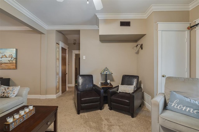 living room featuring visible vents, baseboards, crown molding, and light carpet