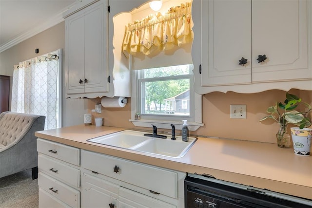 kitchen with light countertops, white cabinetry, a sink, and dishwashing machine