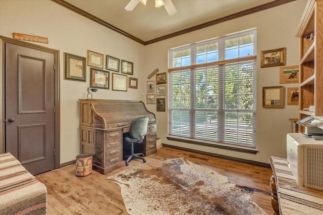 1008 Bavarian Dr, Edmond, OK 73034 - office space featuring crown molding, a ceiling fan, and wood finished floors