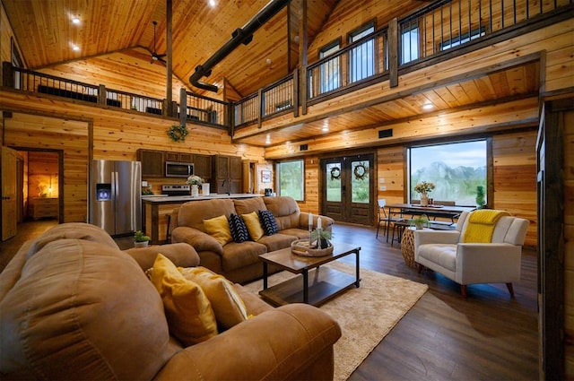 370 Stones River Ln, Broken Bow, OK 74728 - living area with wooden walls, wooden ceiling, high vaulted ceiling, hardwood / wood-style floors, and beamed ceiling