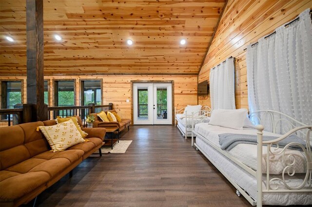 370 Stones River Ln, Broken Bow, OK 74728 - living area with wood finished floors, recessed lighting, wood ceiling, wood walls, and french doors
