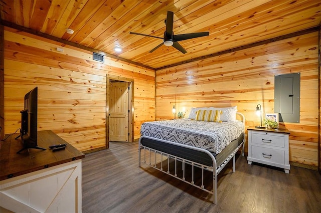 370 Stones River Ln, Broken Bow, OK 74728 - bedroom featuring wood ceiling, dark wood finished floors, wooden walls, electric panel, and a ceiling fan
