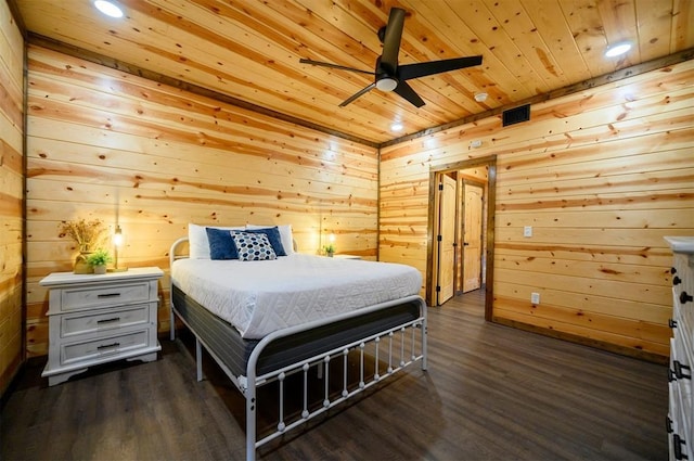 370 Stones River Ln, Broken Bow, OK 74728 - bedroom with wooden ceiling, dark wood-style floors, wooden walls, and recessed lighting
