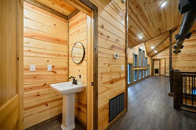 370 Stones River Ln, Broken Bow, OK 74728 - bathroom with wood finished floors, wood walls, wooden ceiling, and vaulted ceiling