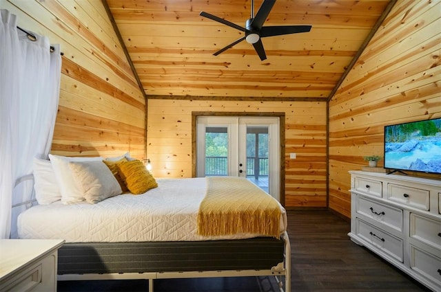 370 Stones River Ln, Broken Bow, OK 74728 - bedroom featuring french doors, lofted ceiling, access to outside, wood walls, and wood ceiling