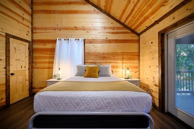 370 Stones River Ln, Broken Bow, OK 74728 - bedroom with wood walls, dark wood-type flooring, lofted ceiling, and wooden ceiling