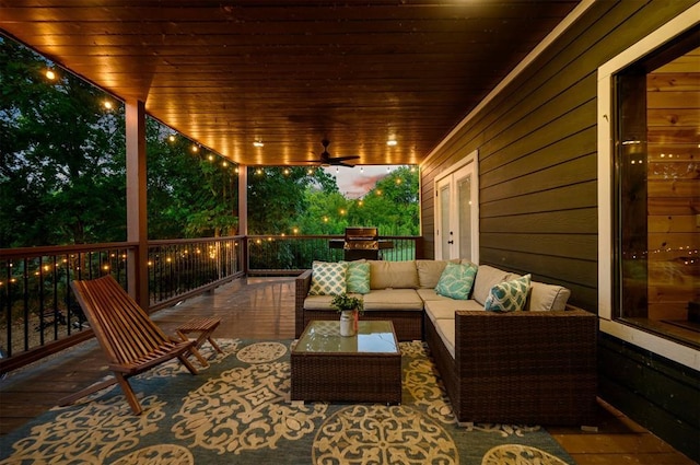 370 Stones River Ln, Broken Bow, OK 74728 - view of patio with outdoor lounge area, a ceiling fan, and a wooden deck