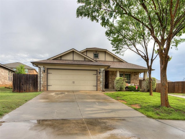 ranch-style home with concrete driveway, an attached garage, fence, and a front yard