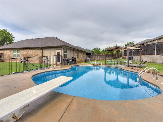 view of pool with a fenced in pool, a pergola, a fenced backyard, and a patio area