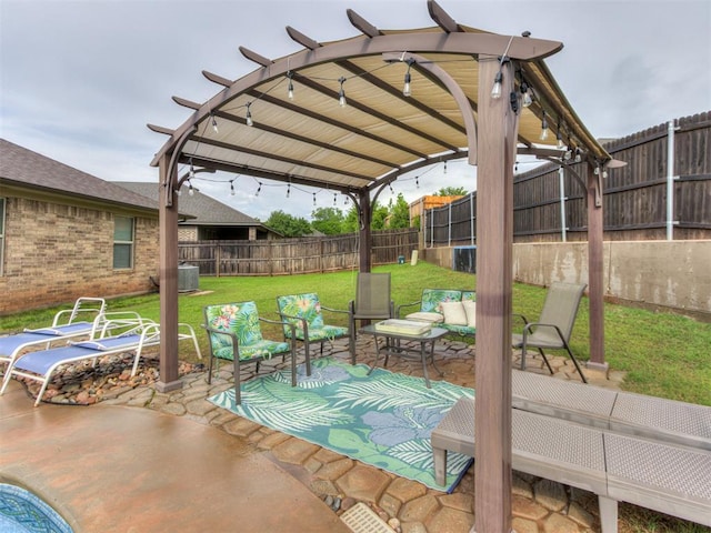 view of patio / terrace with a fenced backyard, a pergola, an outdoor hangout area, and central AC unit