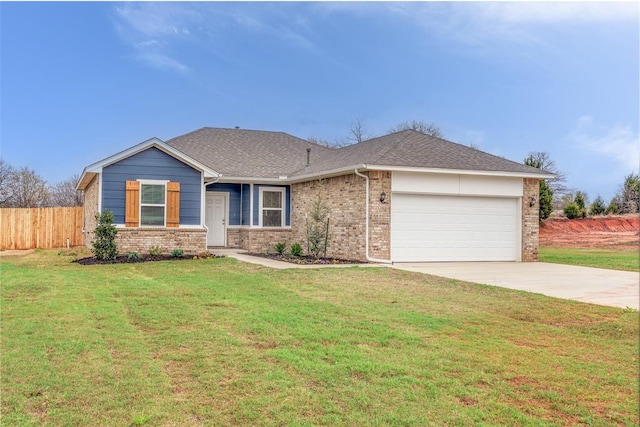 ranch-style house featuring driveway, a garage, brick siding, fence, and a front lawn