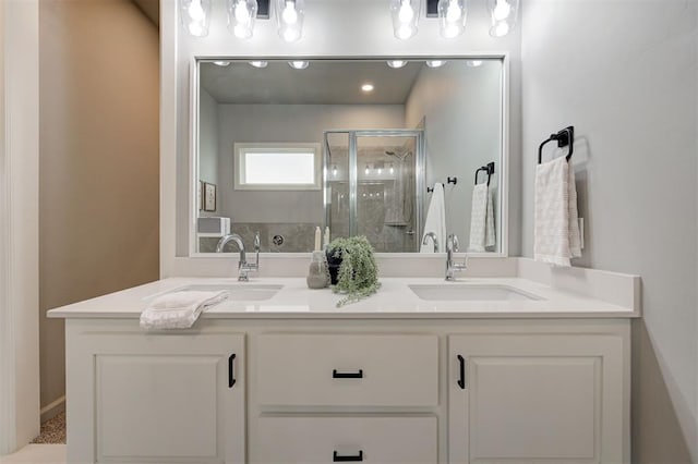 full bath with a stall shower, double vanity, and a garden tub