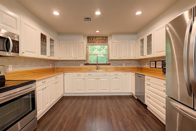 kitchen featuring visible vents, a sink, light countertops, stainless steel appliances, and dark wood-type flooring