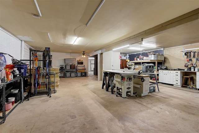 garage with a workshop area