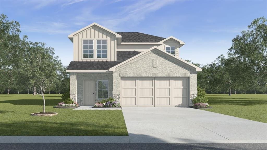 view of front of house with roof with shingles, an attached garage, board and batten siding, a front yard, and concrete driveway