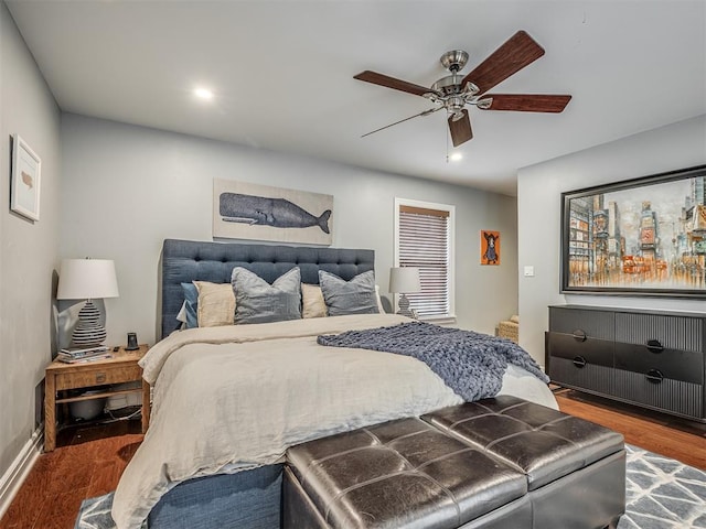 bedroom with a ceiling fan, recessed lighting, and wood finished floors