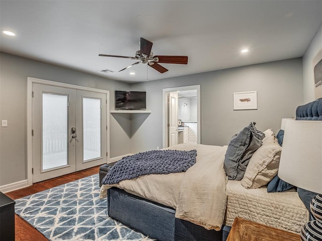 bedroom featuring access to outside, visible vents, french doors, and recessed lighting