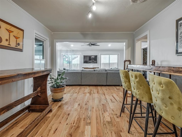 interior space featuring crown molding, ceiling fan, track lighting, and light wood-style flooring