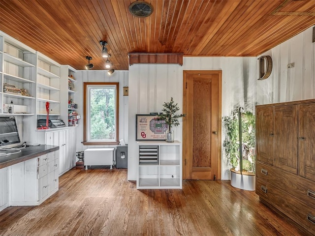 kitchen featuring wooden ceiling, white cabinets, open shelves, and wood finished floors