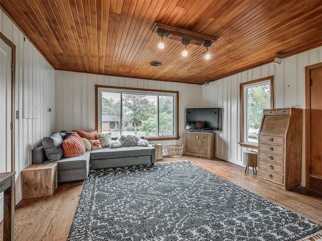 living area featuring wood ceiling and wood finished floors