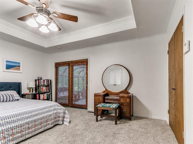 bedroom featuring crown molding, a ceiling fan, access to exterior, baseboards, and carpet flooring