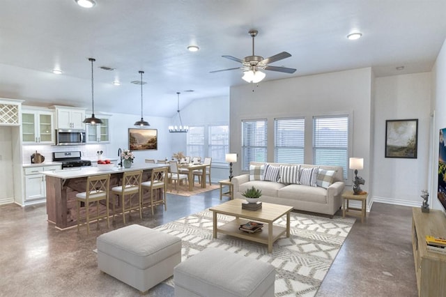 1114 Old Frisco Rd, Norman, OK 73069 - living room with concrete flooring, ceiling fan, recessed lighting, baseboards, and lofted ceiling