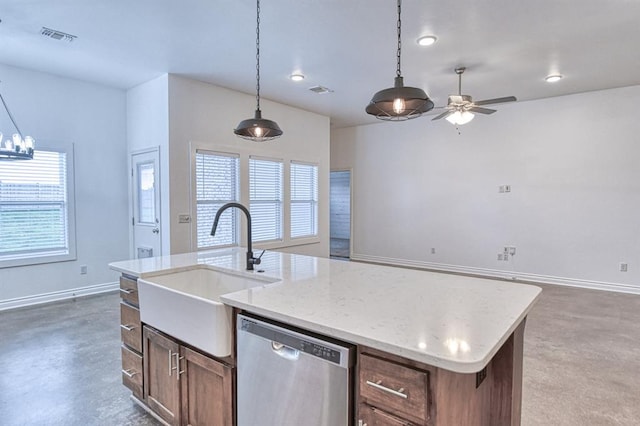 1114 Old Frisco Rd, Norman, OK 73069 - kitchen with visible vents, pendant lighting, a center island with sink, a sink, and dishwasher