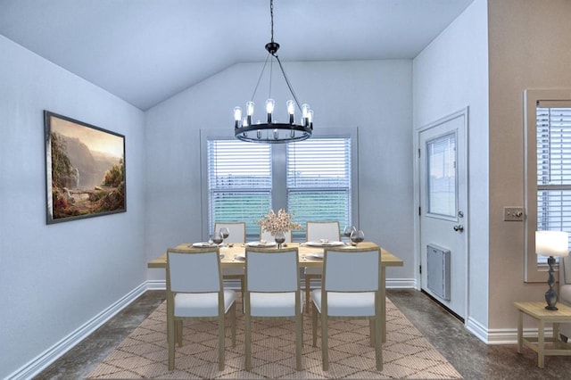 1114 Old Frisco Rd, Norman, OK 73069 - dining area featuring baseboards, lofted ceiling, and a chandelier