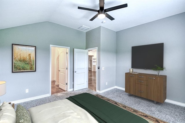 1114 Old Frisco Rd, Norman, OK 73069 - bedroom featuring visible vents, carpet, baseboards, and lofted ceiling